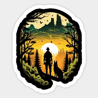 Man & Dog Hiking At Sunset Sticker